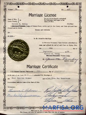 Realistic USA Lorain county marriage certificate example